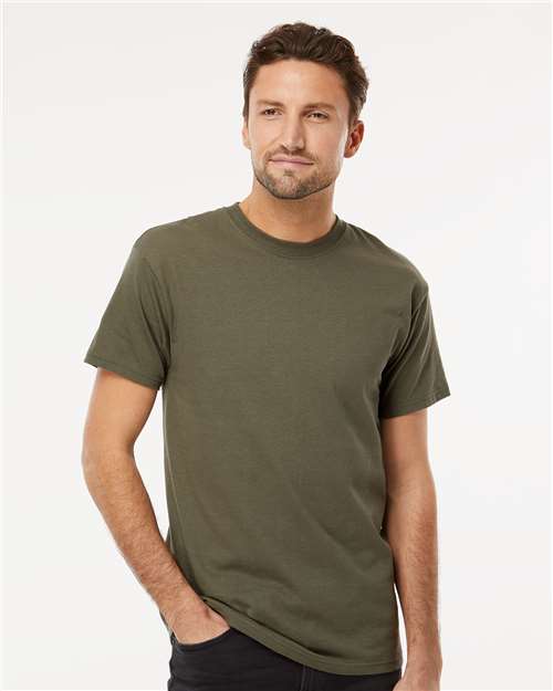 Model wearing Men's Cotton T-Shirt - Premium Comfort Style in olive green, front view. Stylish and breathable cotton for daily outfits.