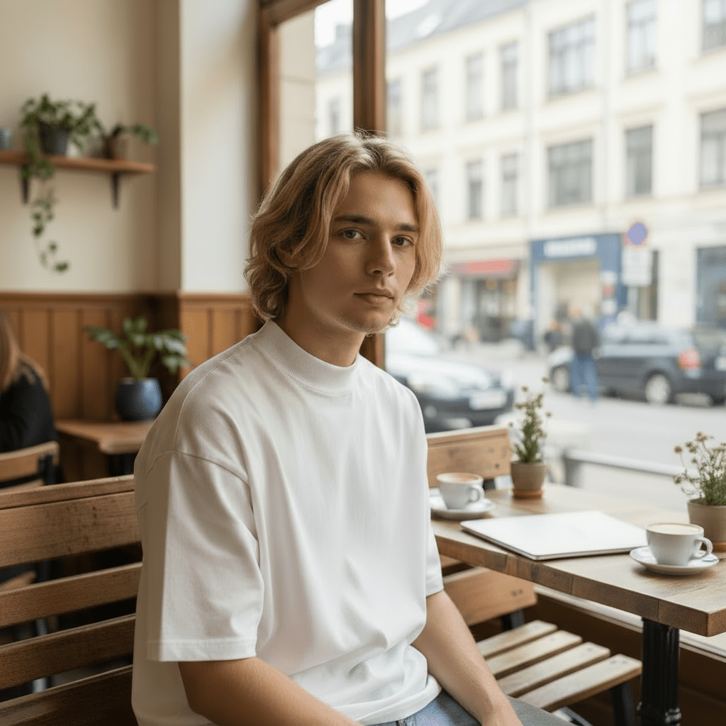 Man seated in a café wearing the Mock Neck T-Shirt - White Cotton Essential, reflecting a relaxed, slow-living lifestyle aesthetic.