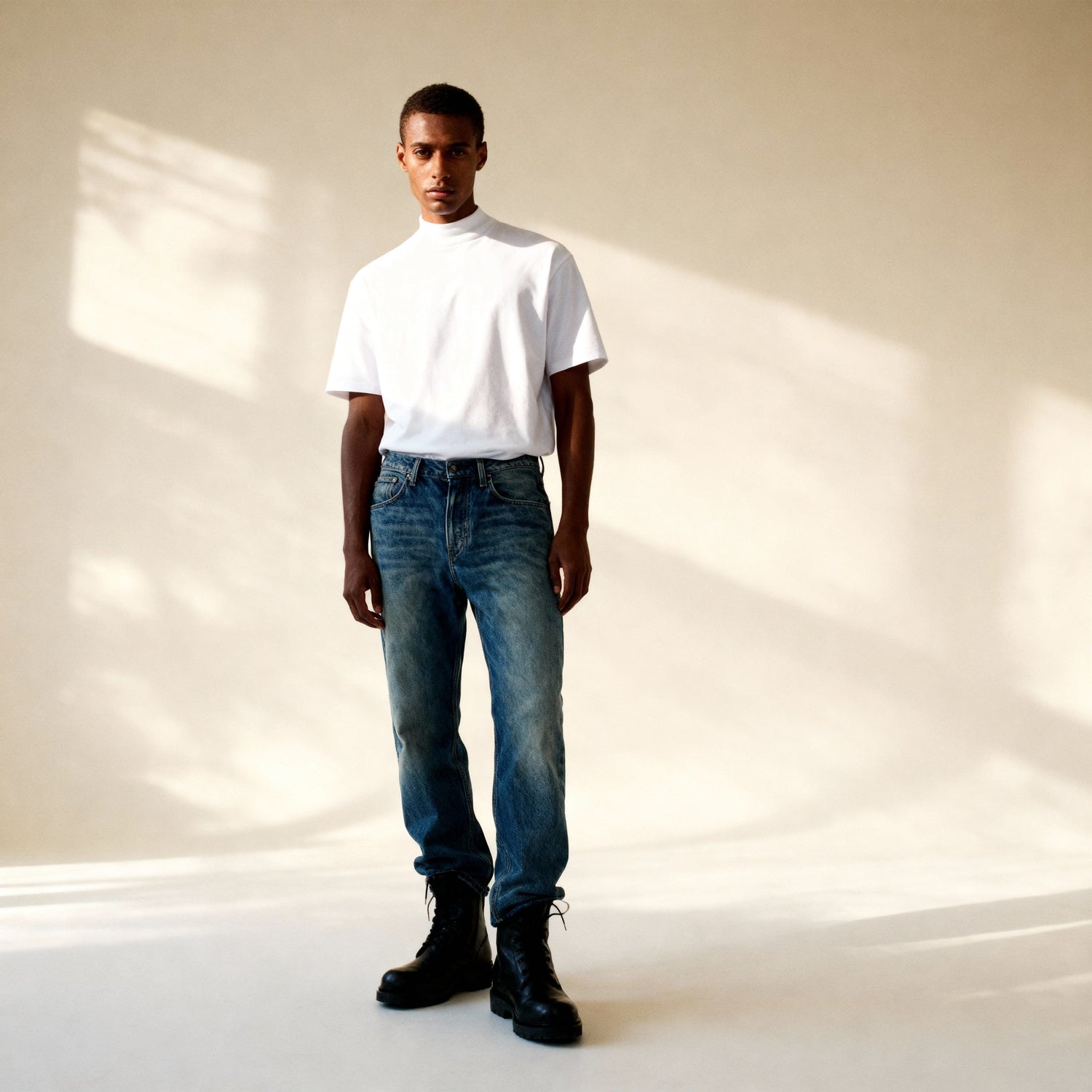 Versatile White Mock Neck T-Shirt styled casually with jeans, emphasizing comfort and sustainable fashion in everyday wear.