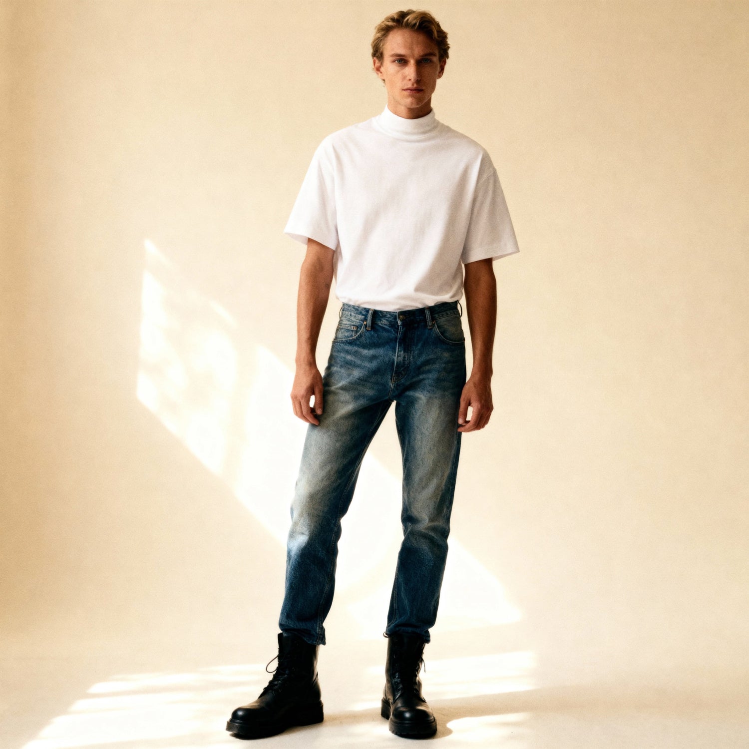 White cotton mock neck t-shirt styled with denim and boots, highlighting its versatility for modern, minimalist men's fashion.