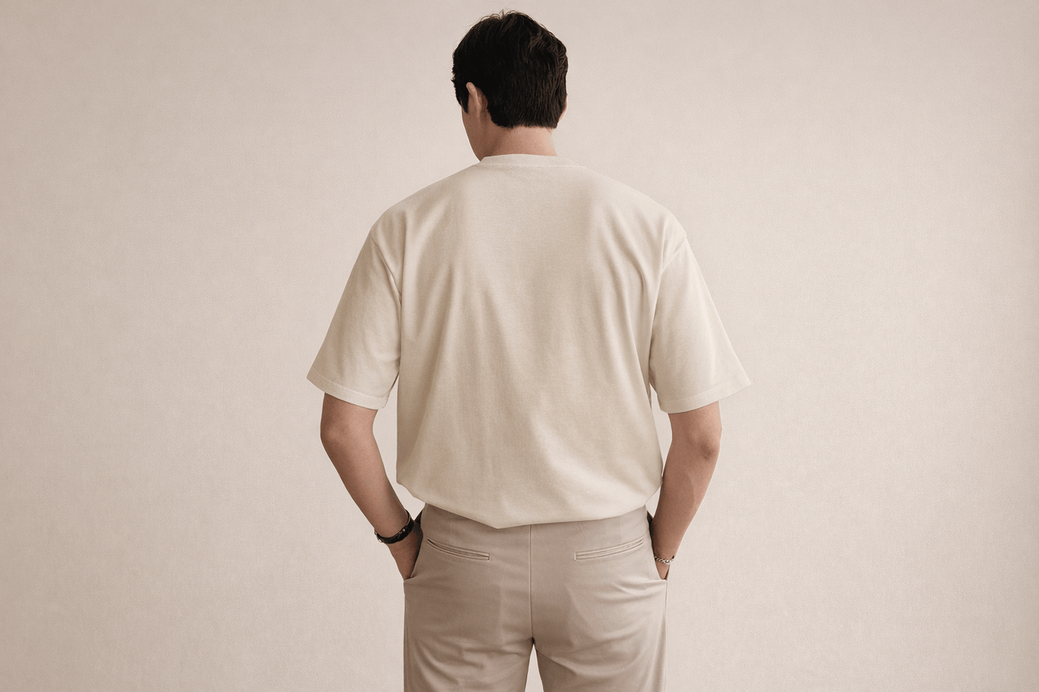 IdyllVie Beige Cotton Drop Shoulder T-Shirt in Beige t-shirt foundation on-model back full with refined IdyllVie styling