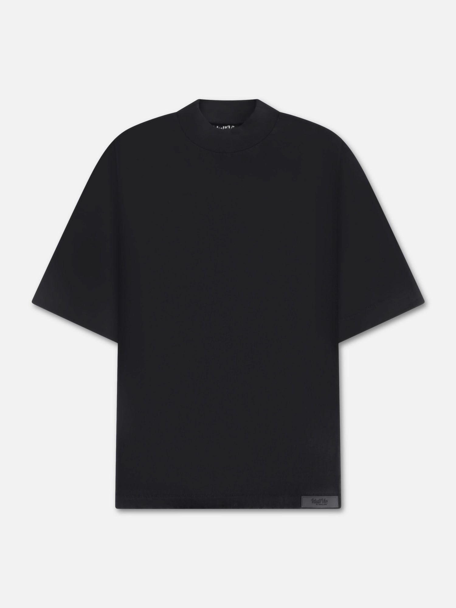 Front view of the Black Mock Neck Cotton T-Shirt showcasing its minimalist design and relaxed fit, ideal as a versatile base layer.