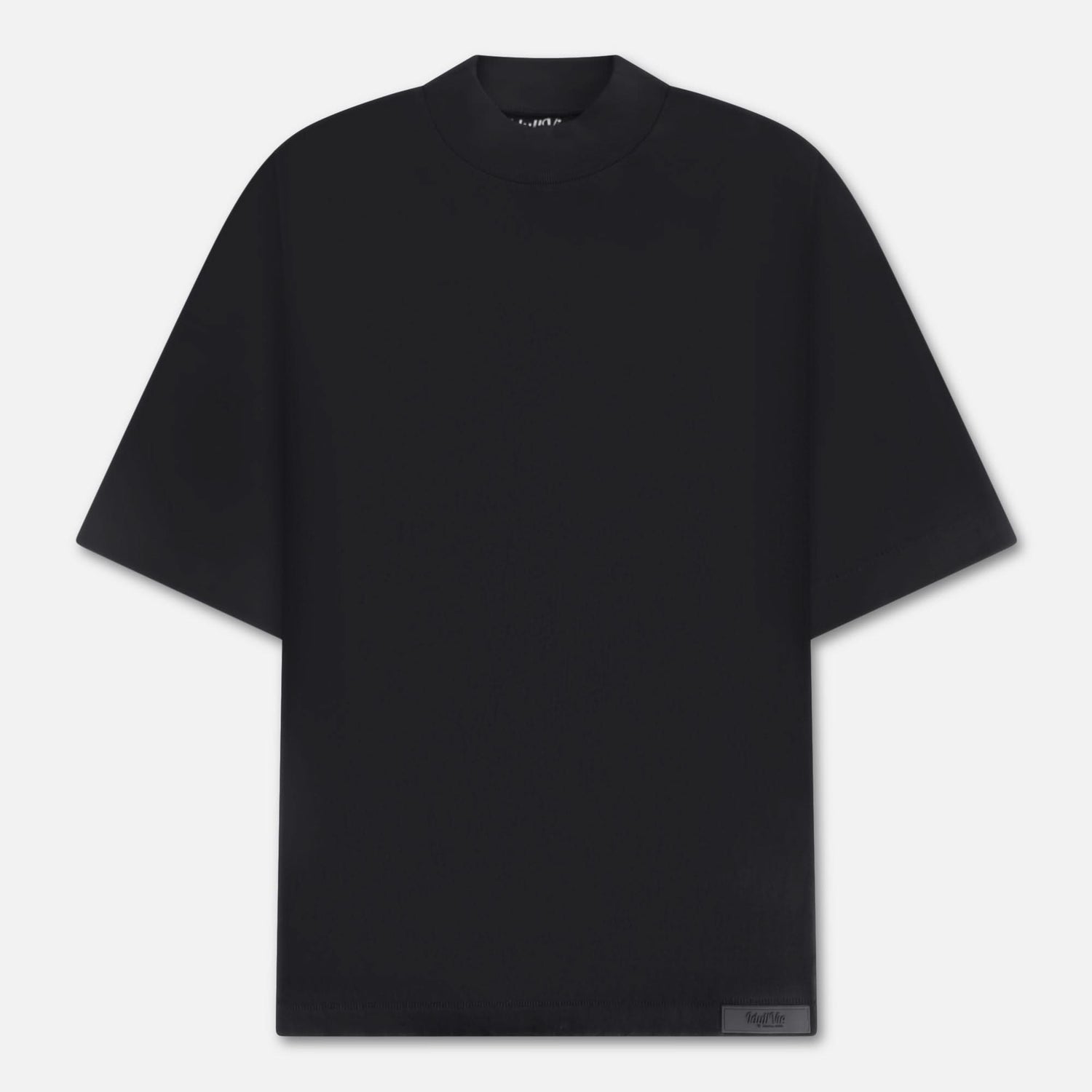 Front view of the Black Mock Neck Cotton T-Shirt showcasing its minimalist design and relaxed fit, ideal as a versatile base layer.
