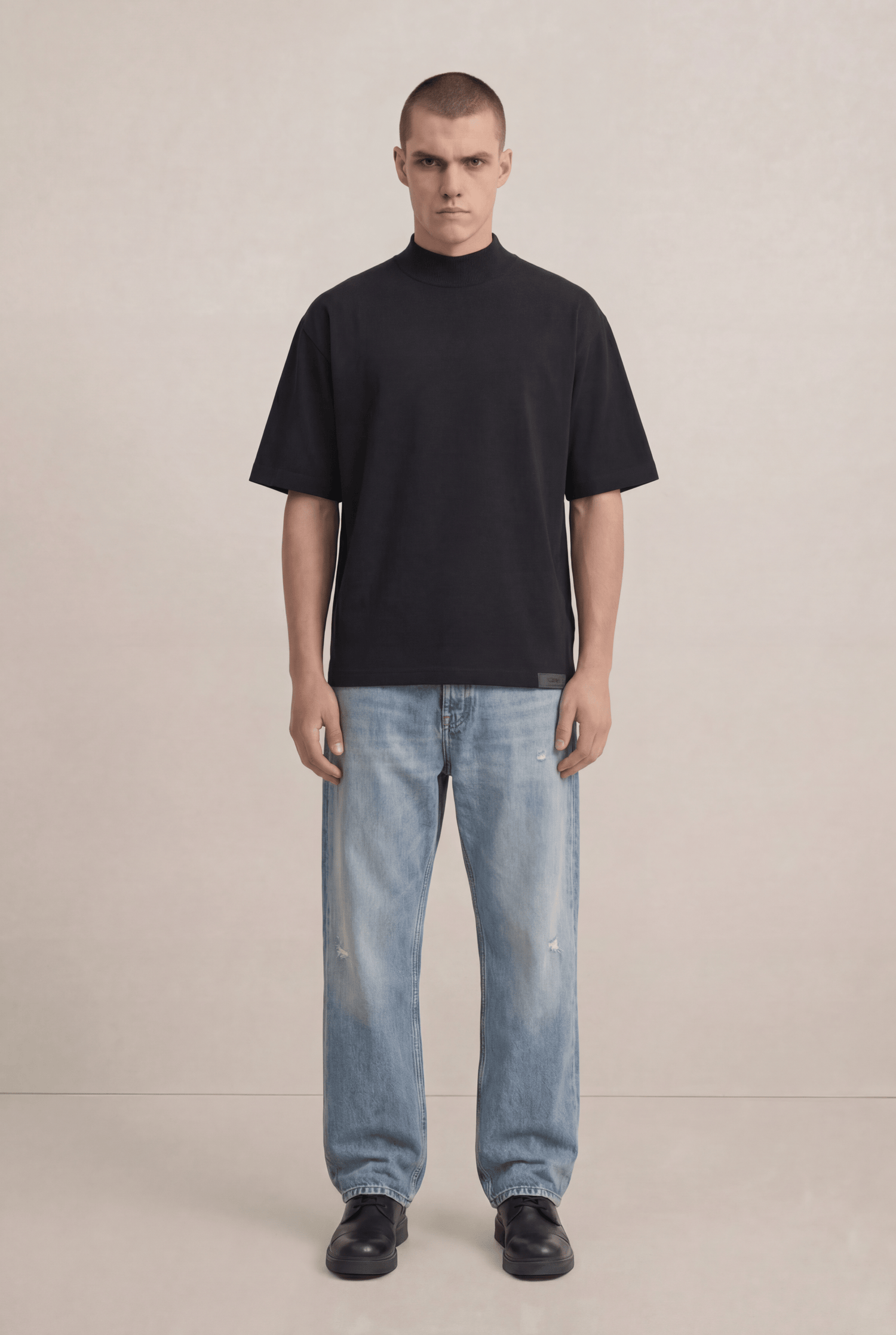 Black Mock Neck Cotton T-Shirt