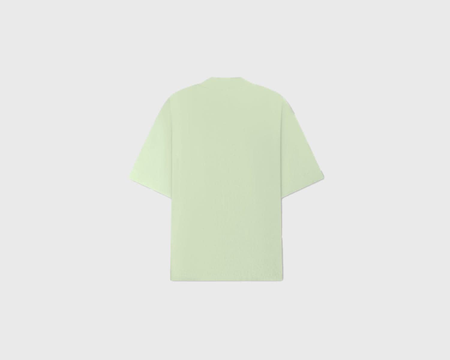Back view of sage green cotton mock neck T-shirt showing clean design and soft fabric texture for everyday comfort.