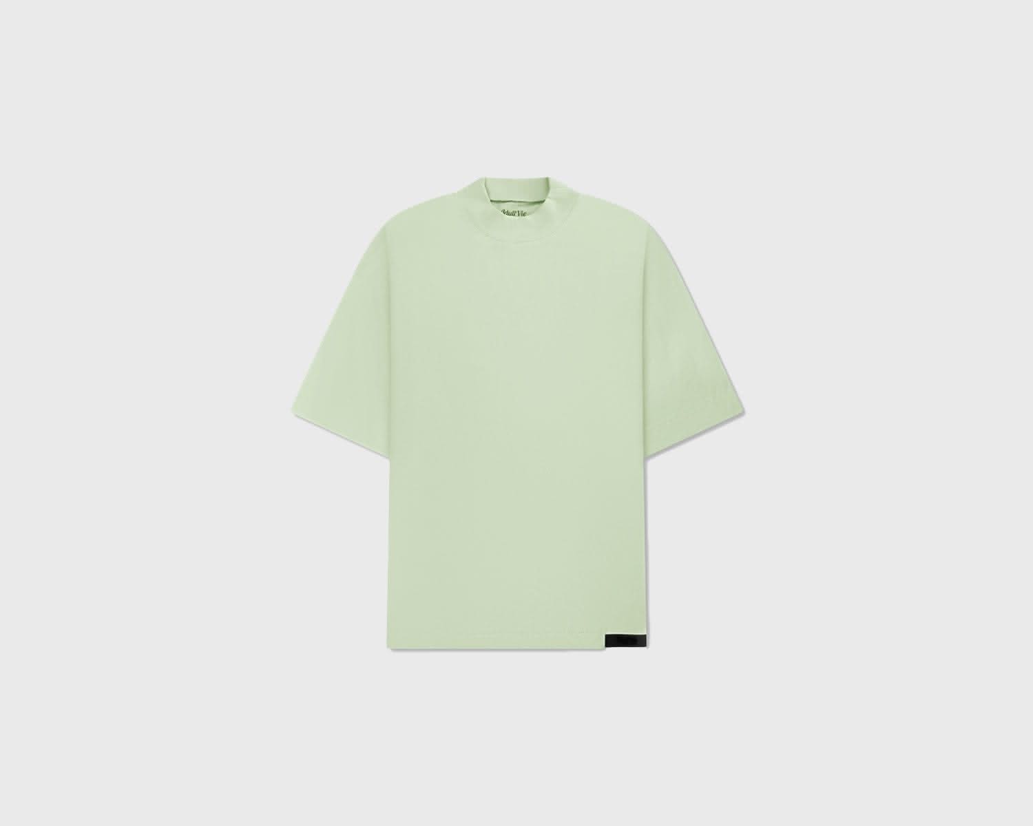 Green mock neck T-shirt in sage cotton with short sleeves and relaxed fit, ideal for casual wear and versatile styling.