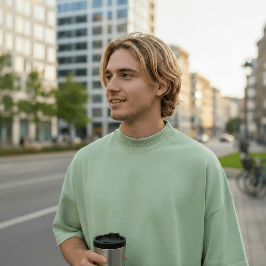 Young man wearing green mock neck T-shirt outdoors with a coffee tumbler, reflecting a relaxed and sustainable fashion choice.