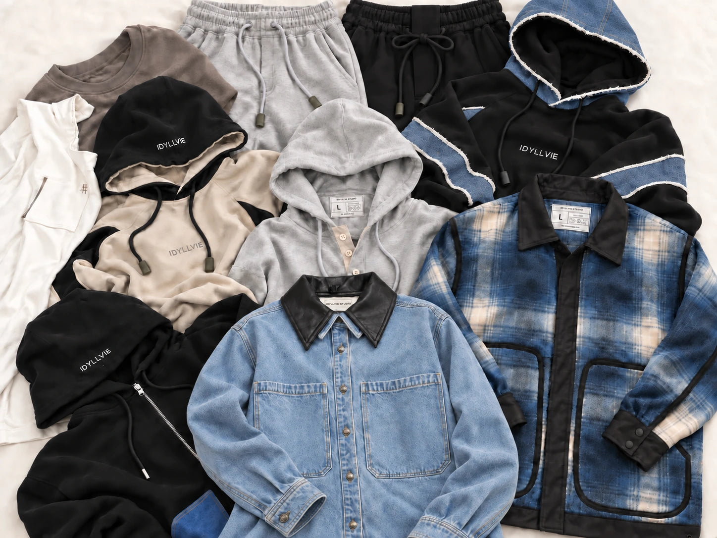 The October collection together: panelled Hutton hoodies, Mercer grey layers, Annex plaid and the Dawson leather-collar denim shirt.