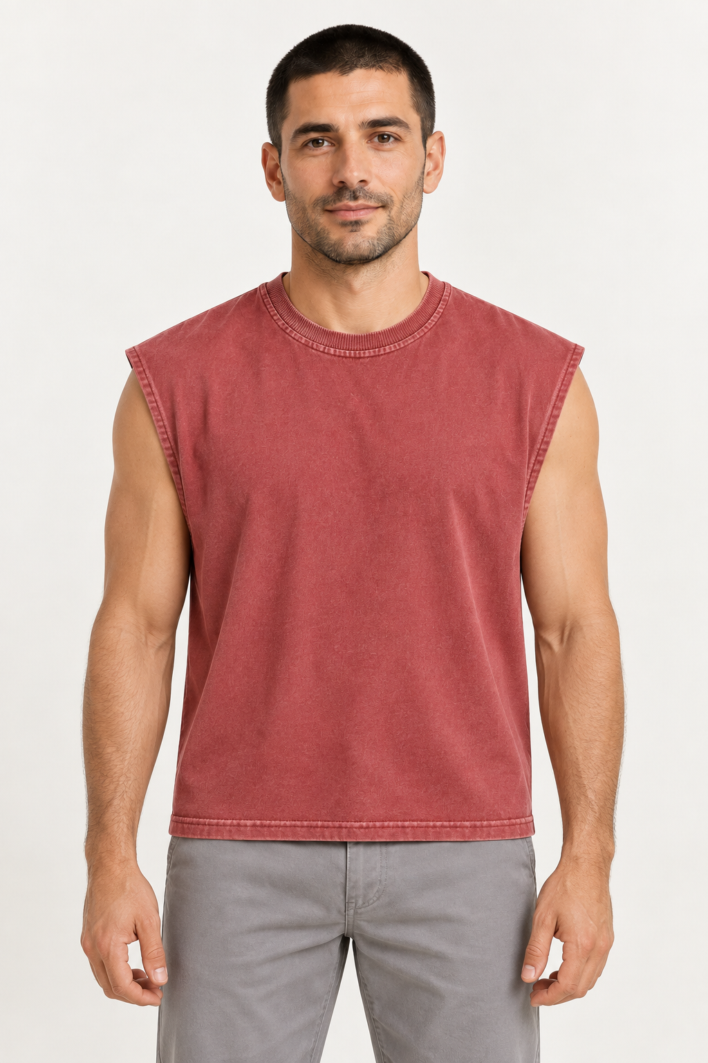 brick red wide-shoulder crew-neck tank shown from the front on a model