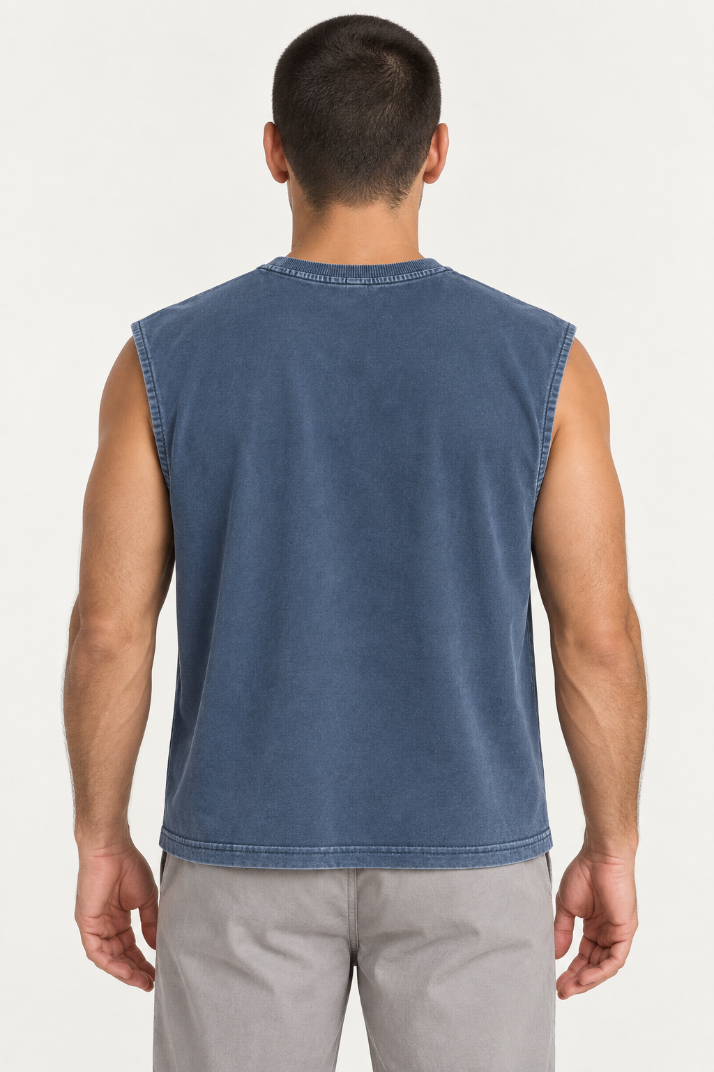 slate blue wide-shoulder crew-neck tank shown from the back on a model