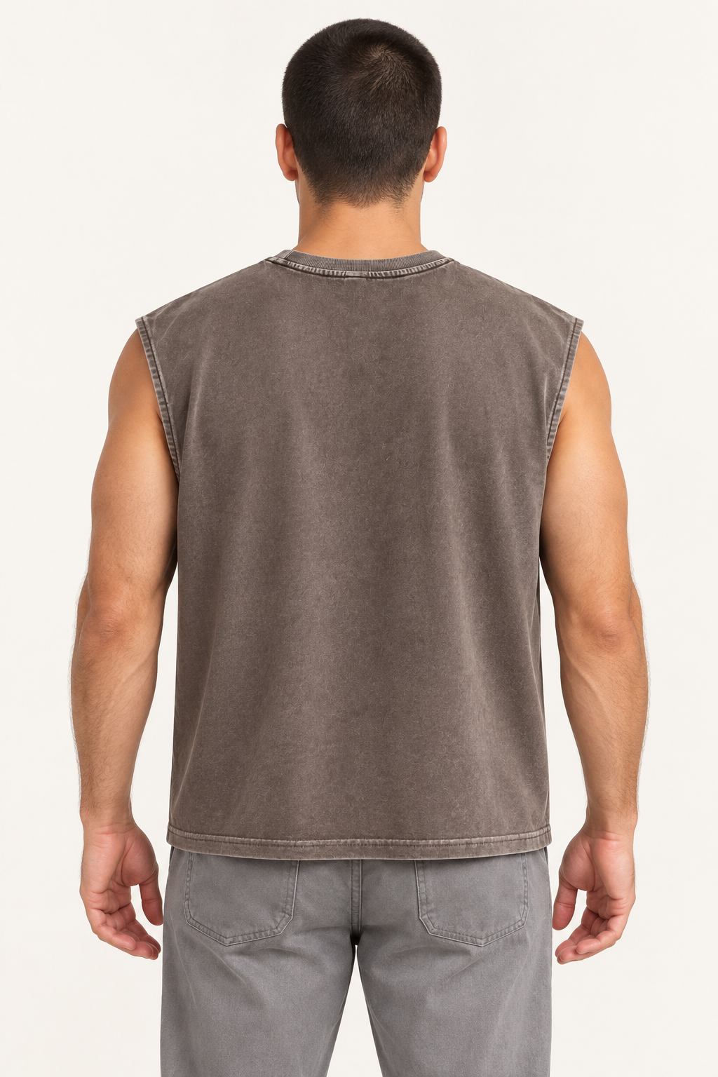 taupe wide-shoulder crew-neck tank shown from the back on a model