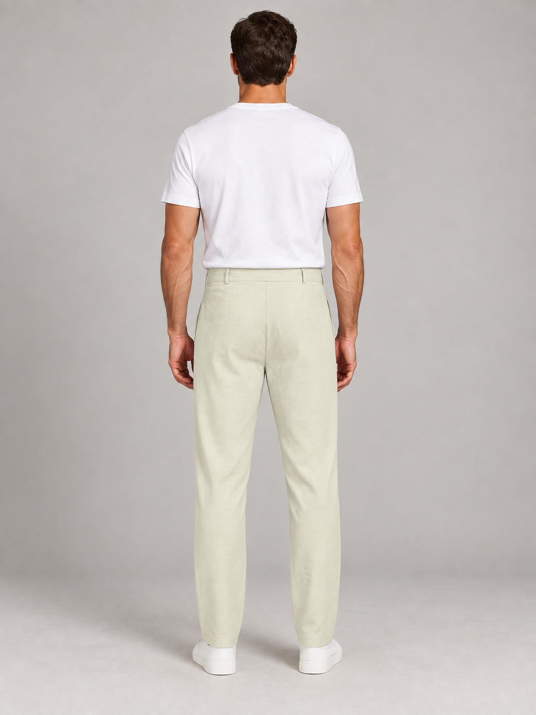 Apricot (Semi-sheer) button-front drawstring trousers, back view on a model.