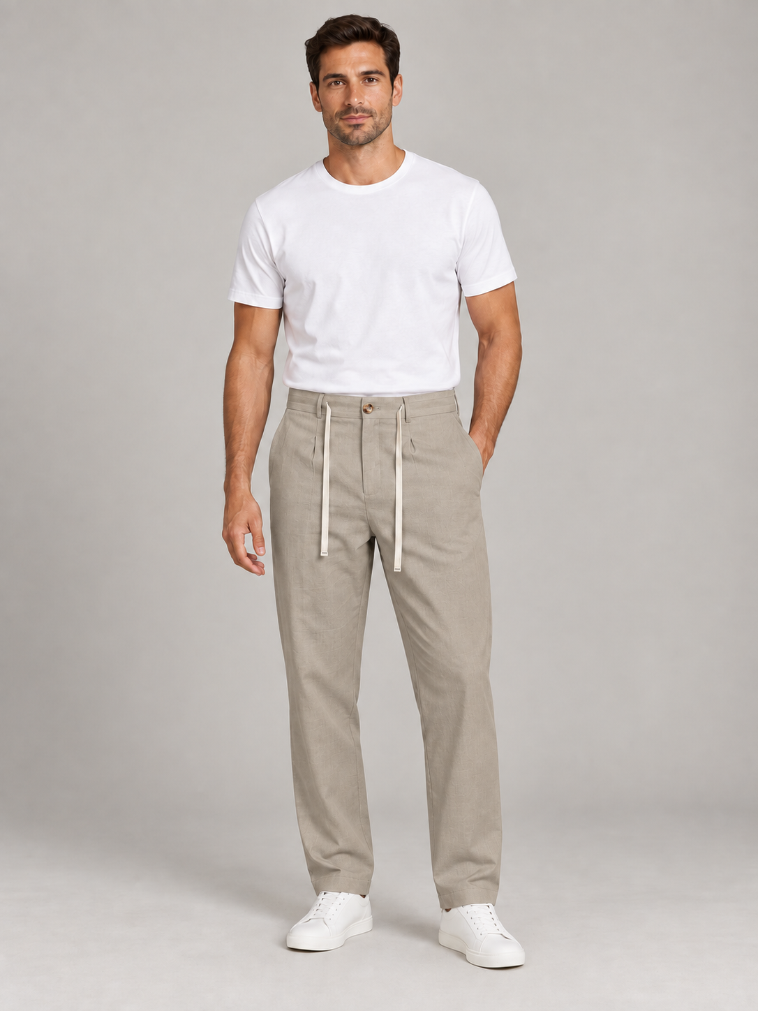 Apricot (Taupe tone) button-front drawstring trousers, front view on a model.