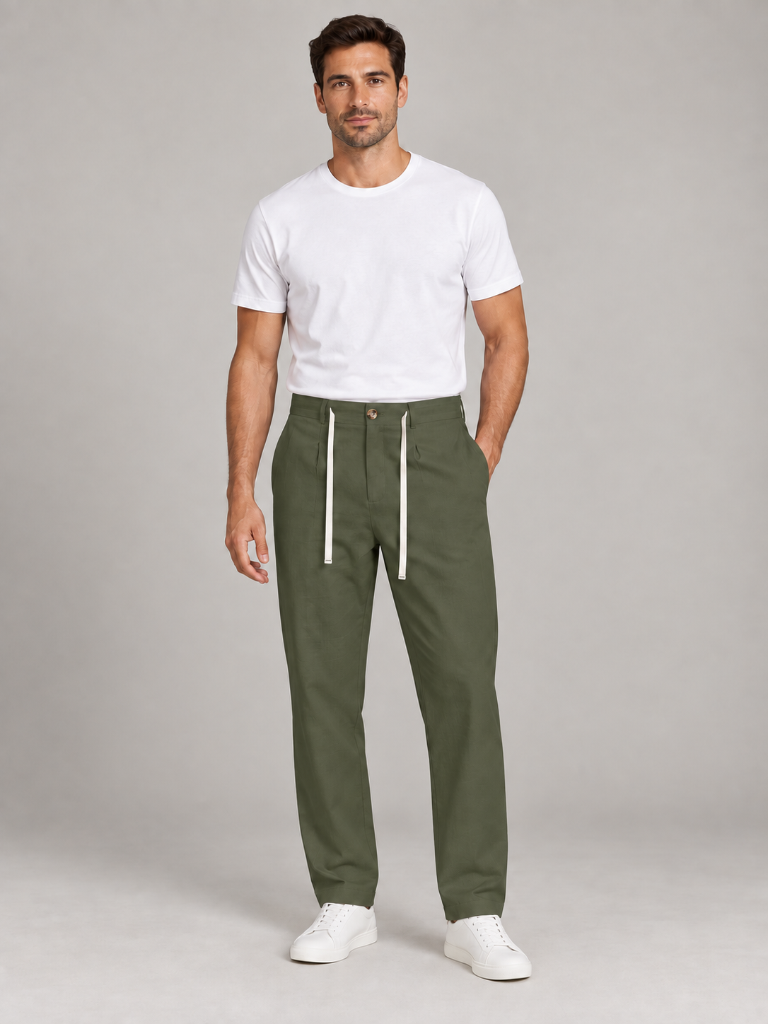 Army Green button-front drawstring trousers, model front.