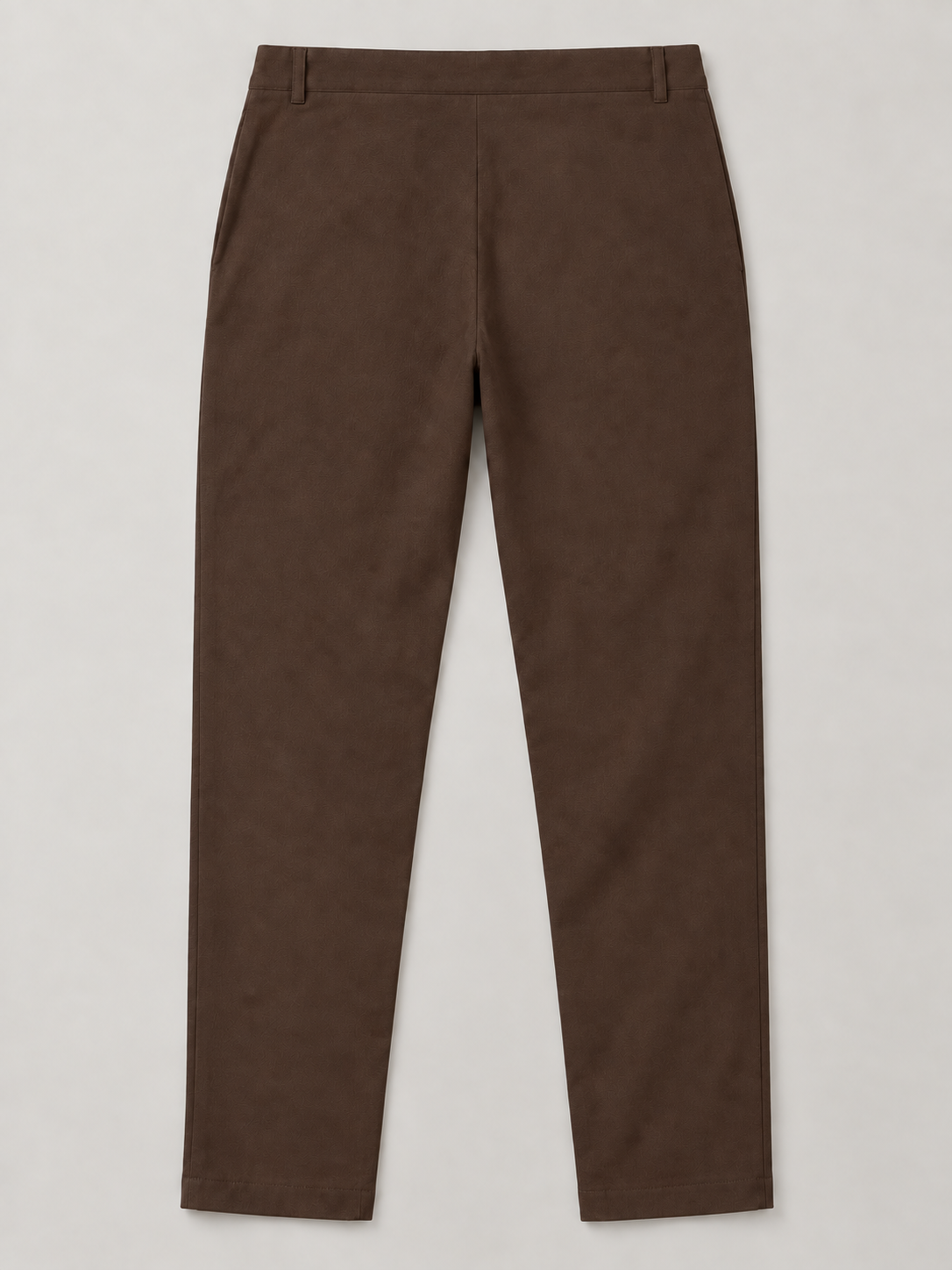 Brown drawstring trousers, flat back with belt loops and a plain seat.