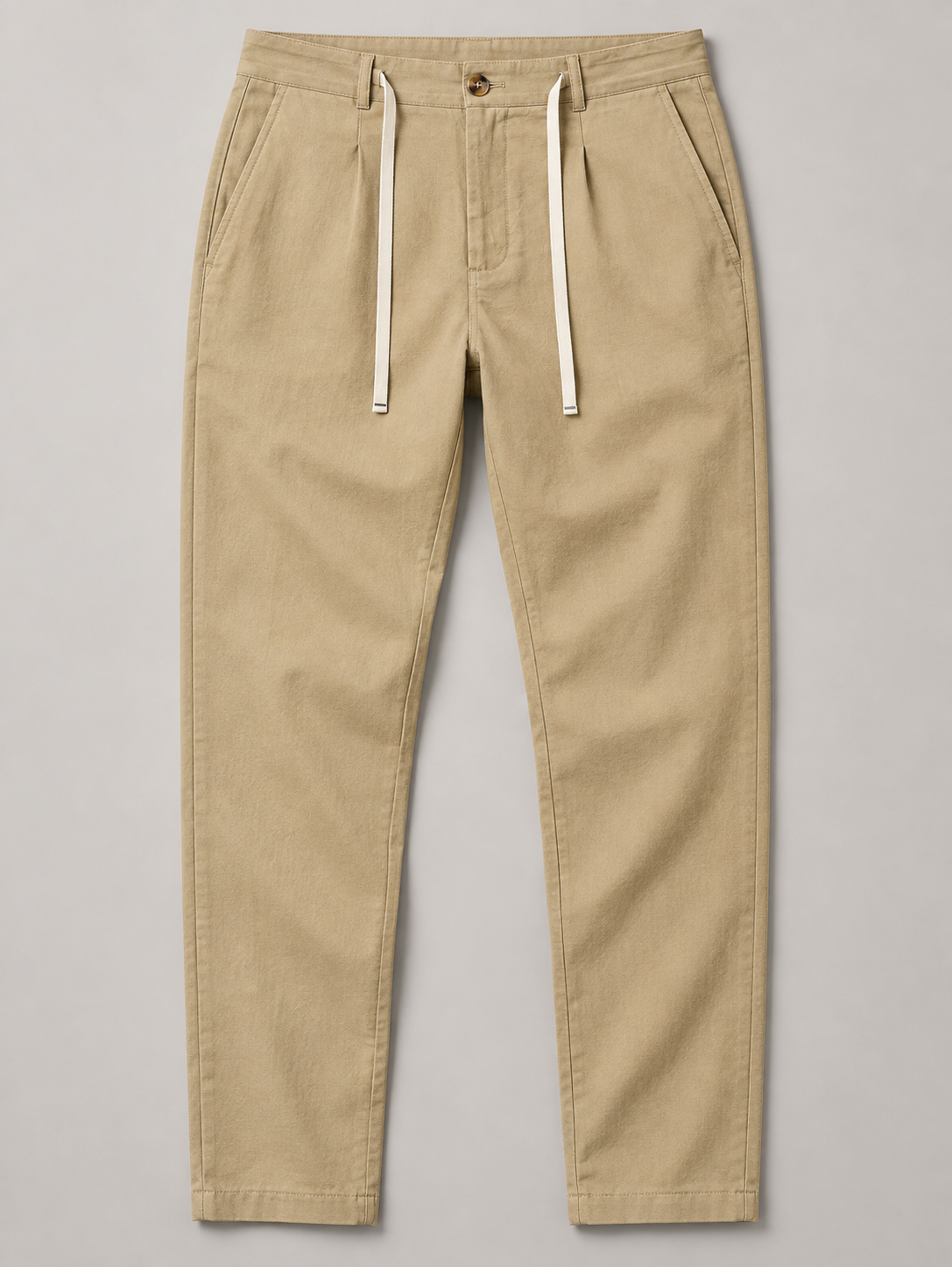 Khaki (Golden tone) button-front drawstring trousers, flat front view.