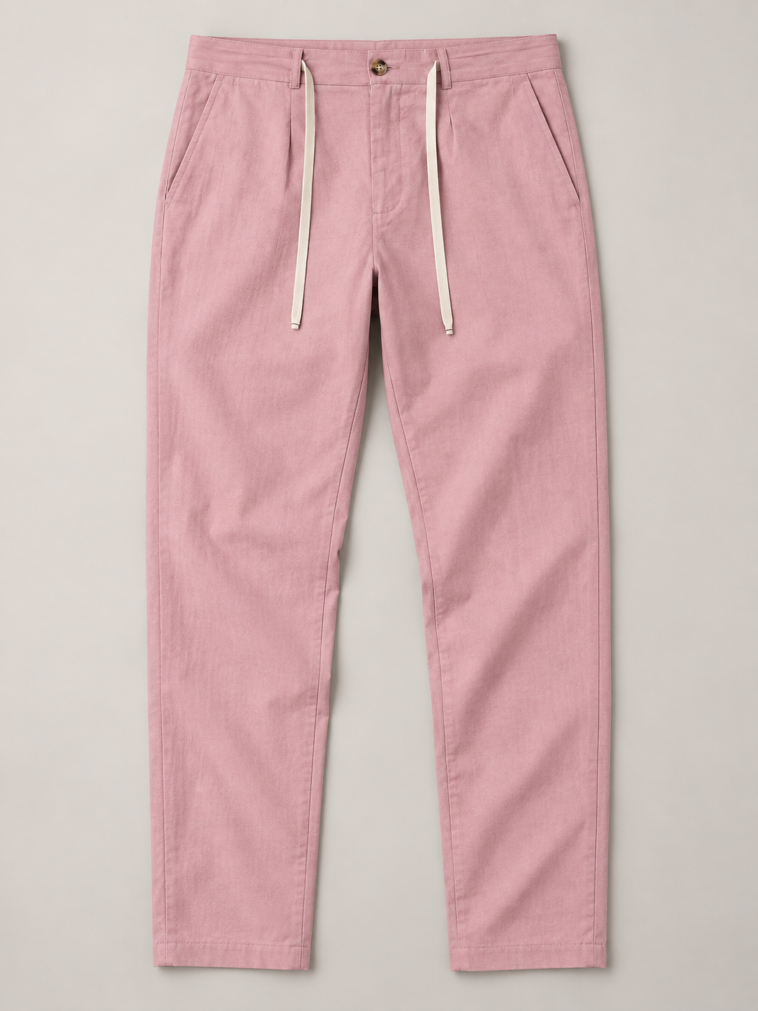 Pink button-front drawstring trousers, flat lay front.