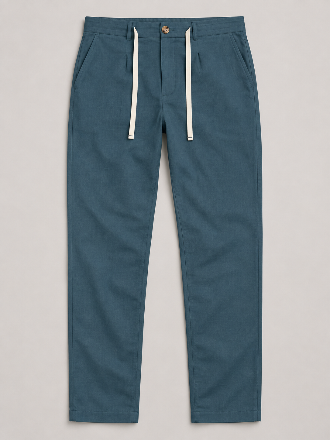 Teal Blue drawstring trousers, flat front with button waist and side pockets.