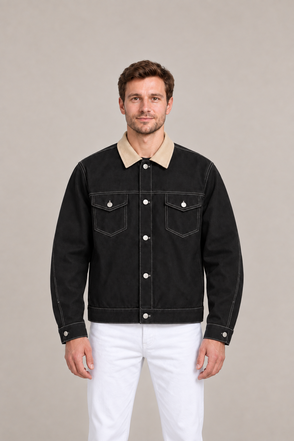 Black cotton contrast-collar jacket on a model, front with five silver buttons.