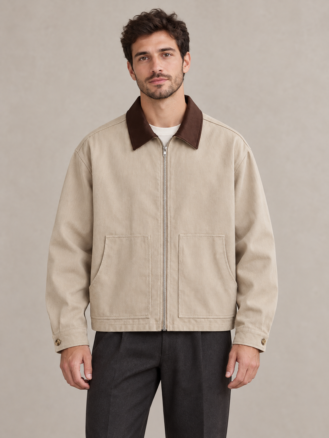 Multicolor mens cotton contrast collar zip jacket, model front.