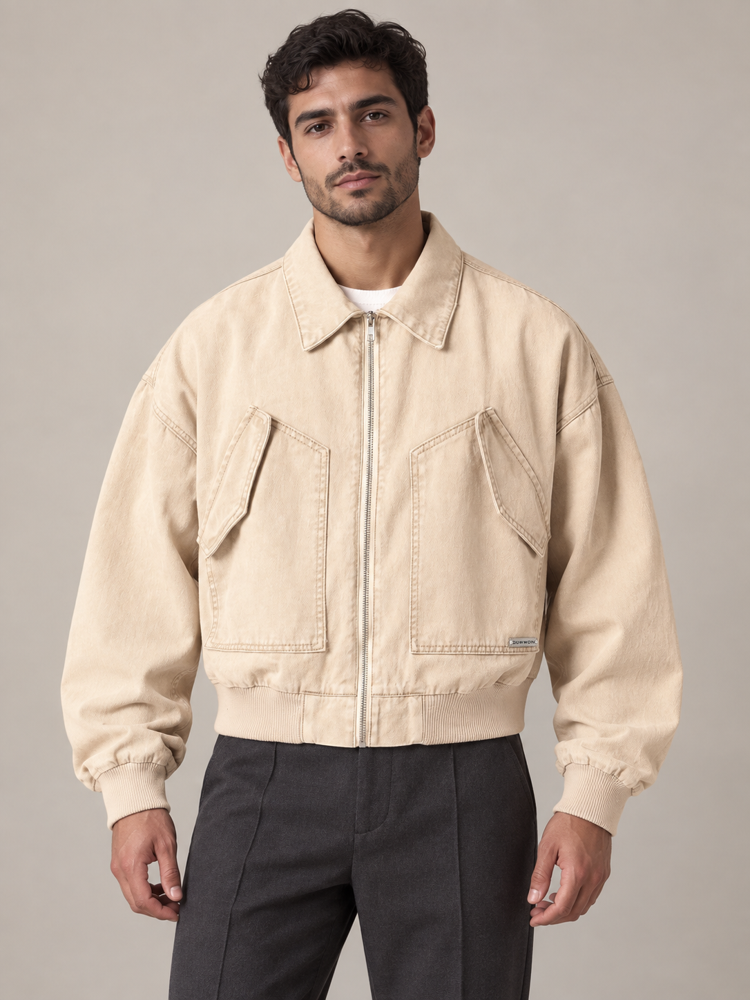 Khaki cropped cotton utility bomber jacket, model front.