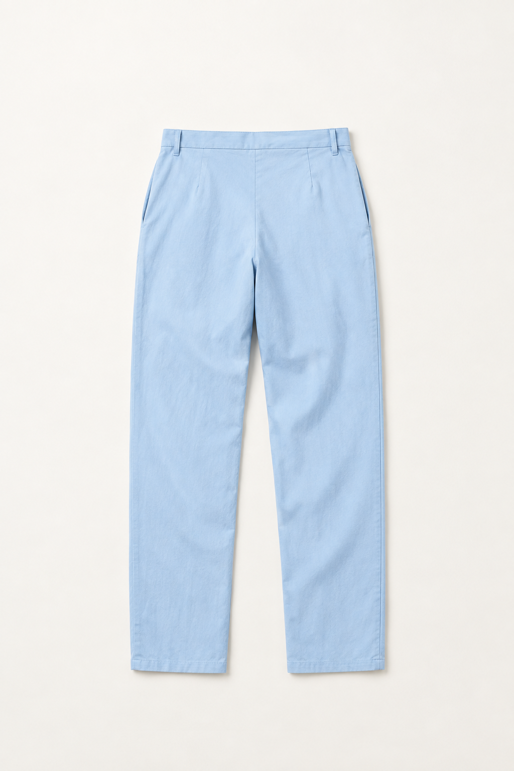 Baby Blue cotton pleated drawstring pants, flat lay back.