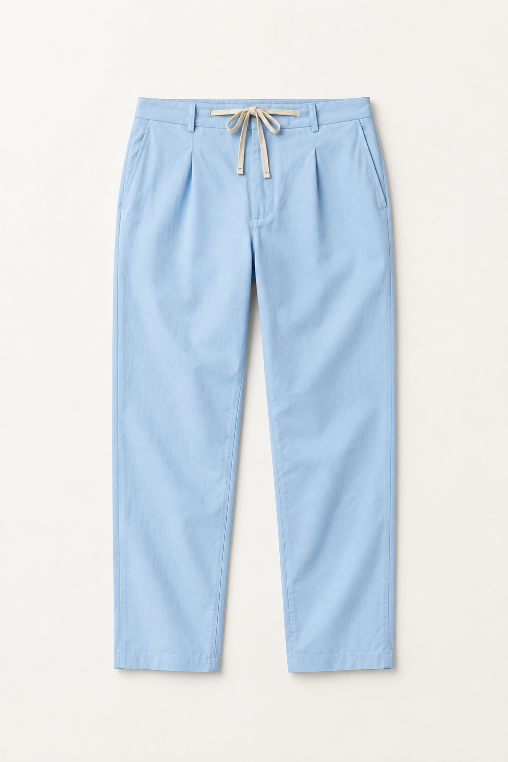 Baby Blue cotton pleated drawstring pants, flat lay front.