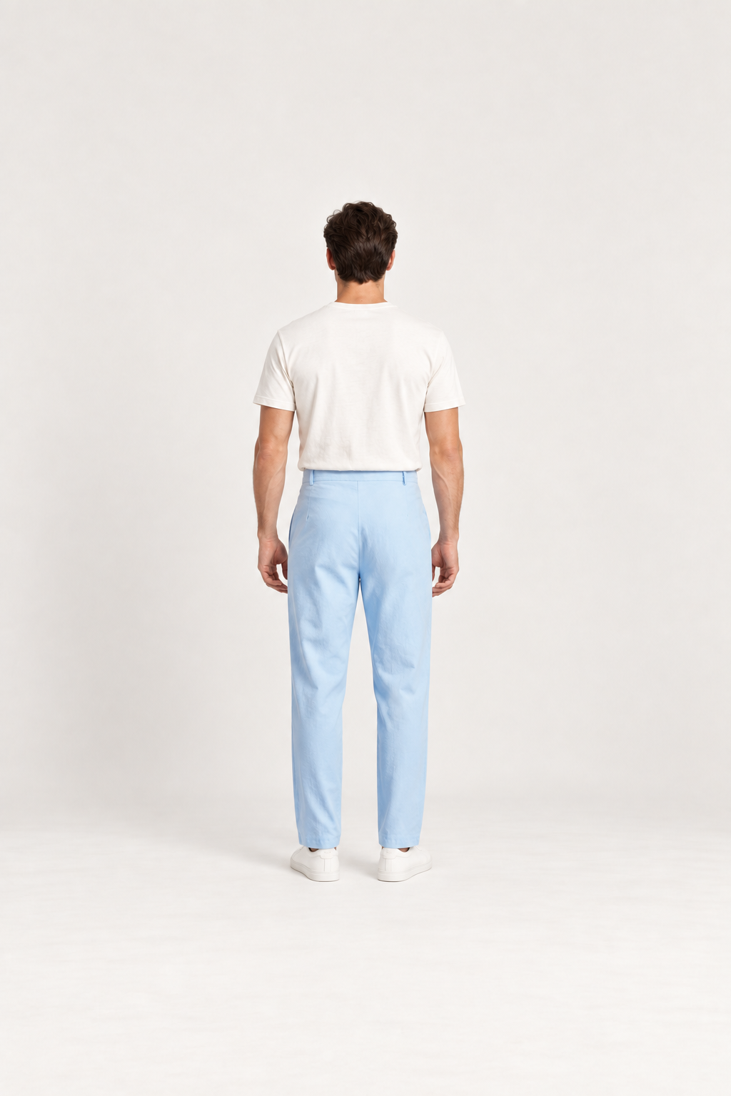Baby Blue cotton pleated drawstring pants, back view on an adult model.
