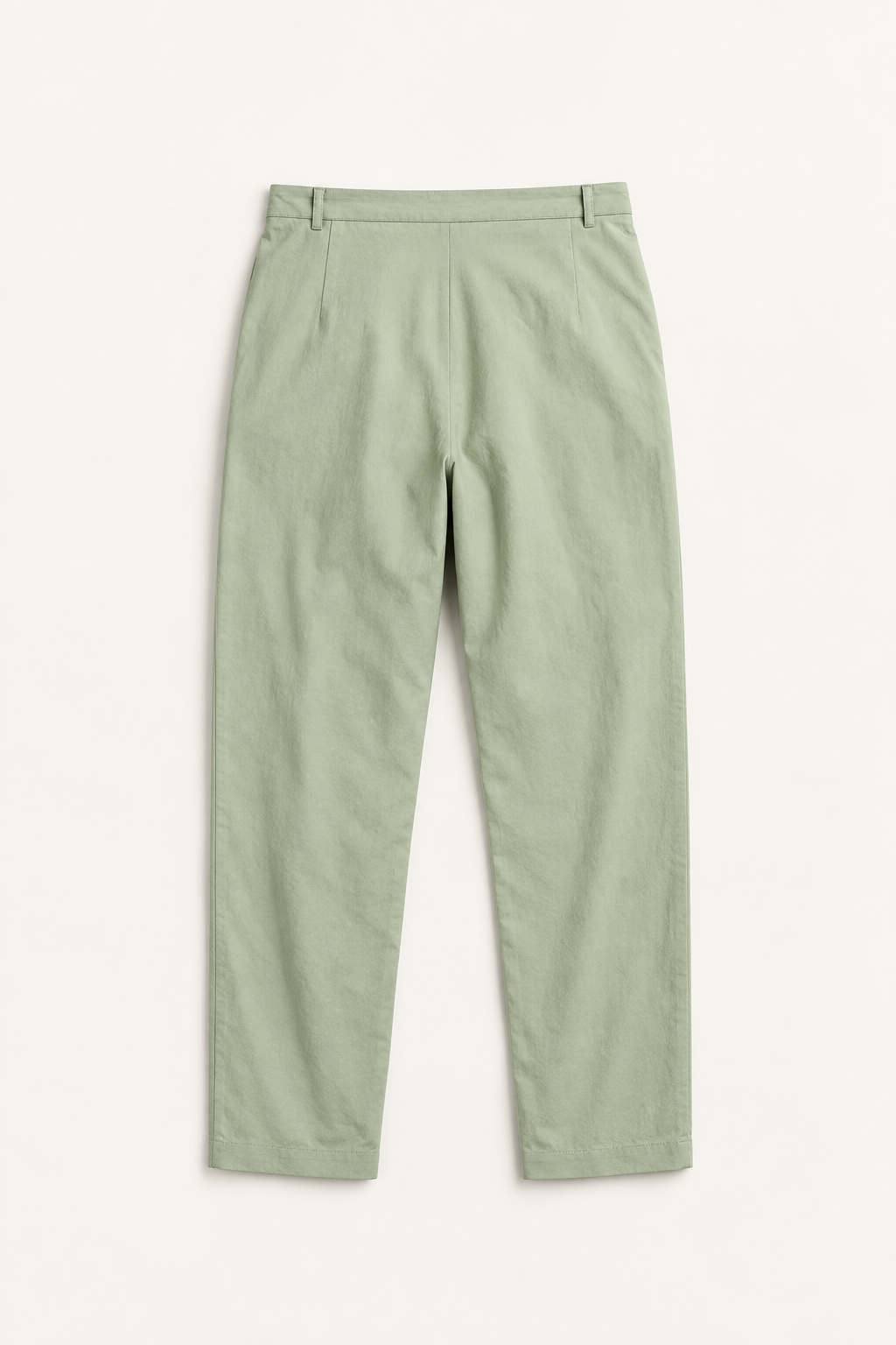 Green cotton pleated drawstring pants, flat lay back.