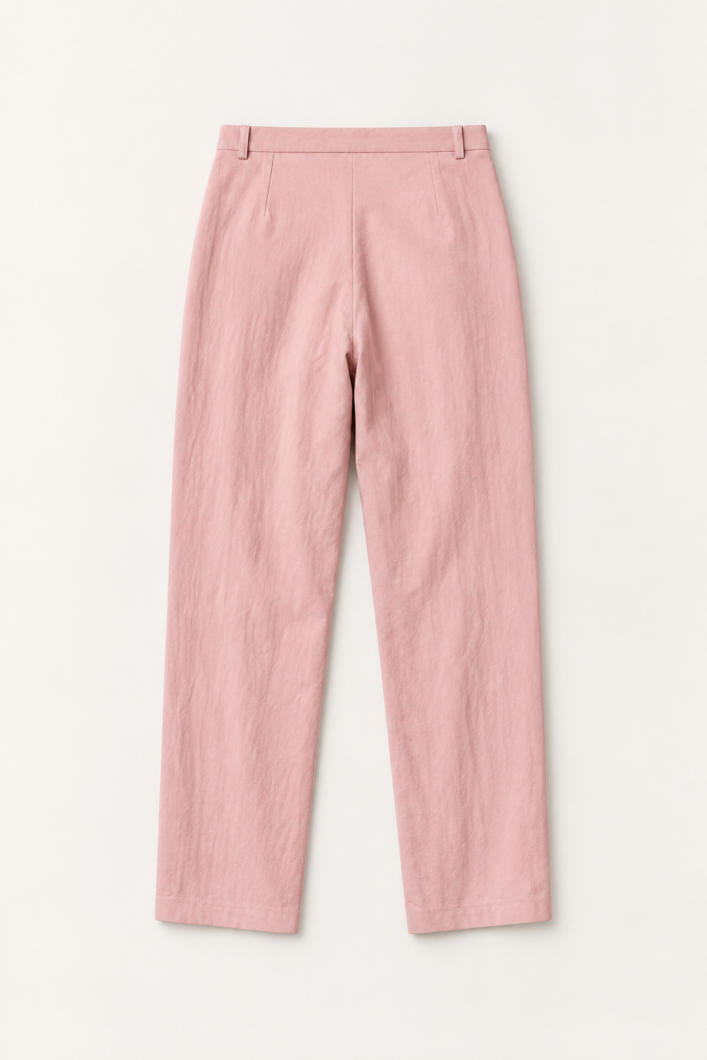 Pink cotton pleated drawstring pants, flat lay back.