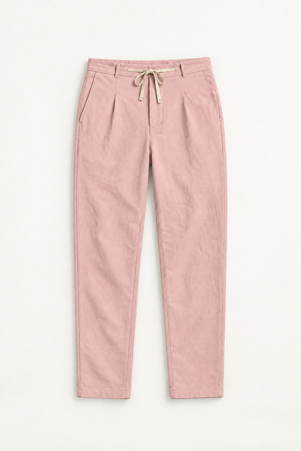 Pink cotton pleated drawstring pants, flat lay front view.