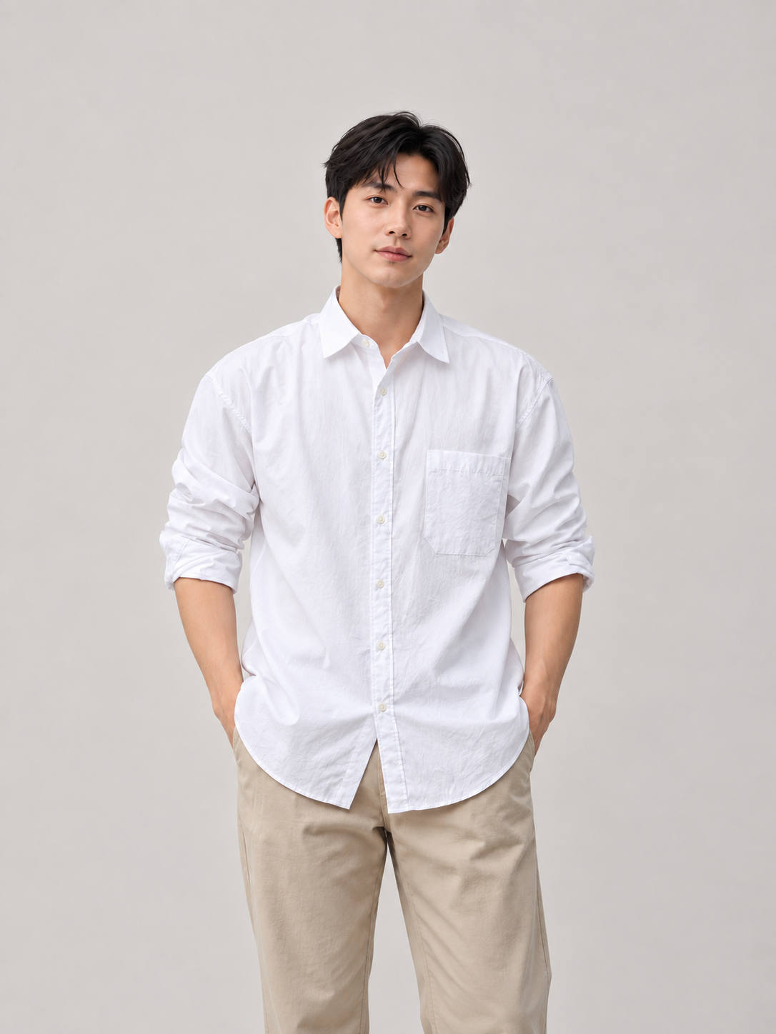 White cotton relaxed pocket shirt, model front.