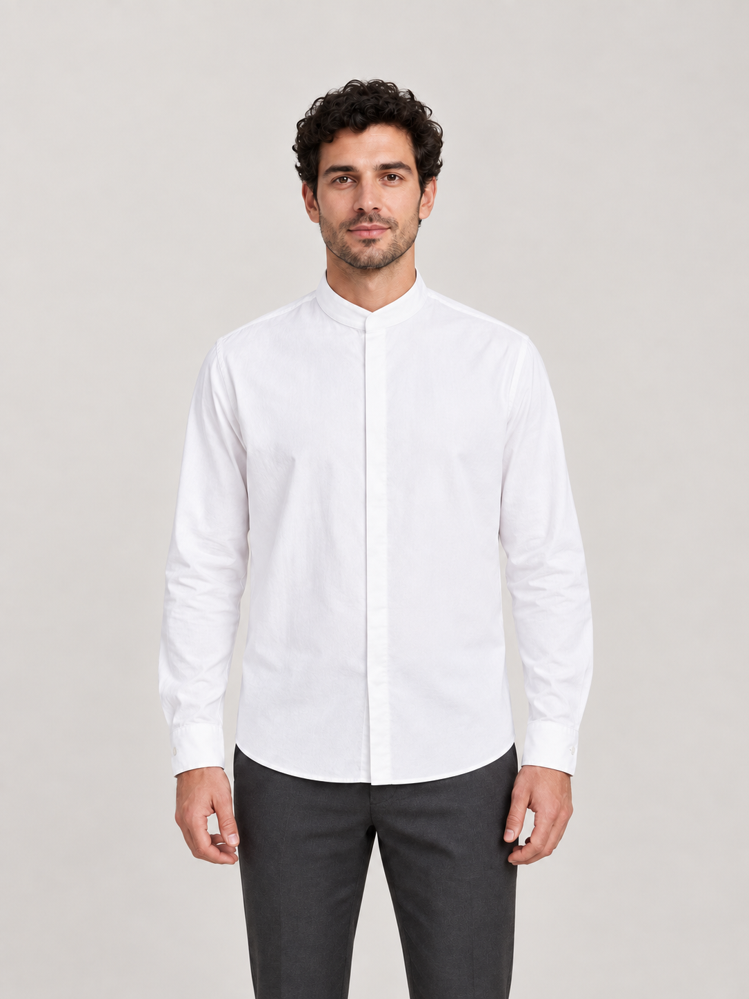 White cotton stand-collar shirt, model front.