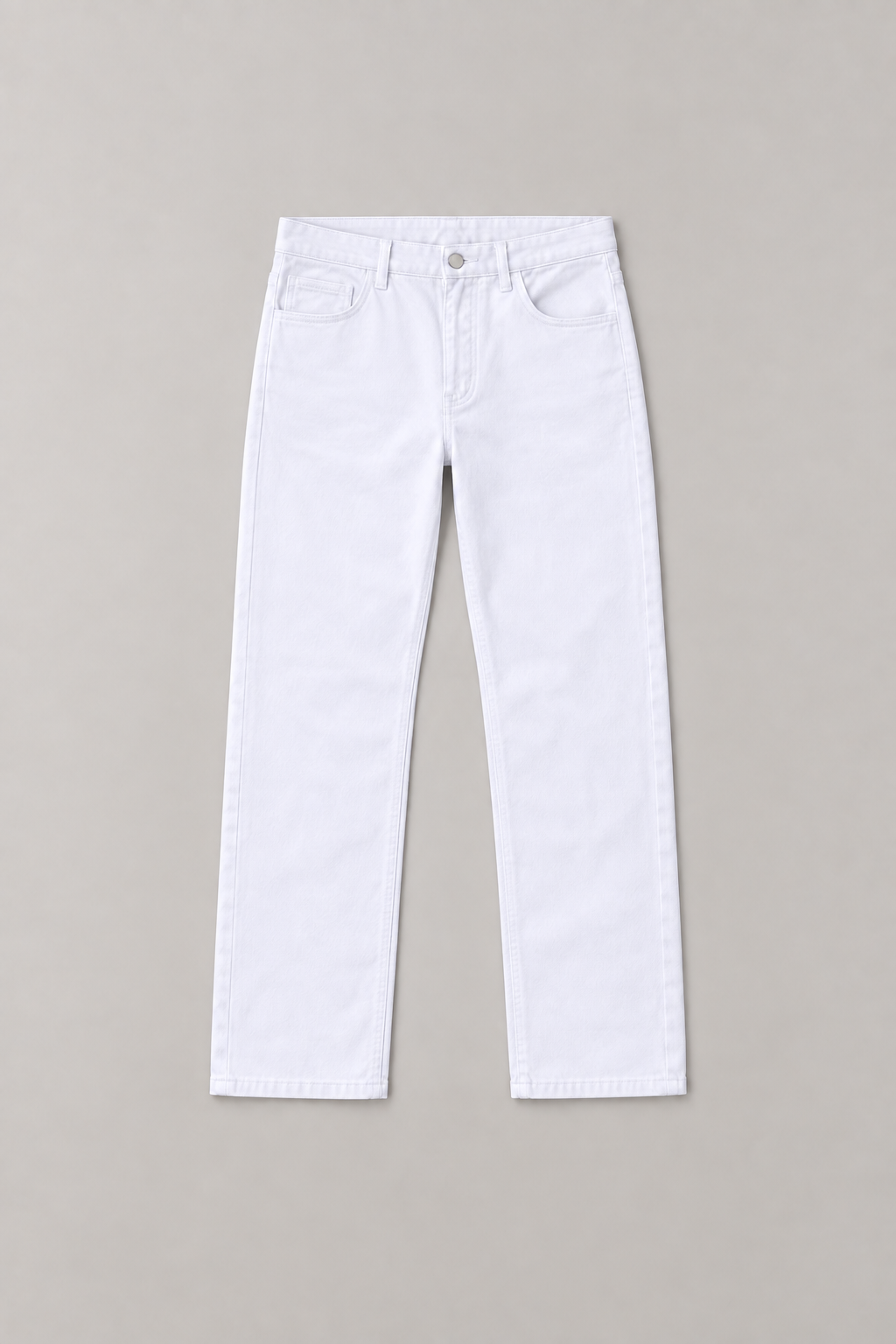 Front flat lay of white straight-leg jeans with curved front pockets and a coin pocket.