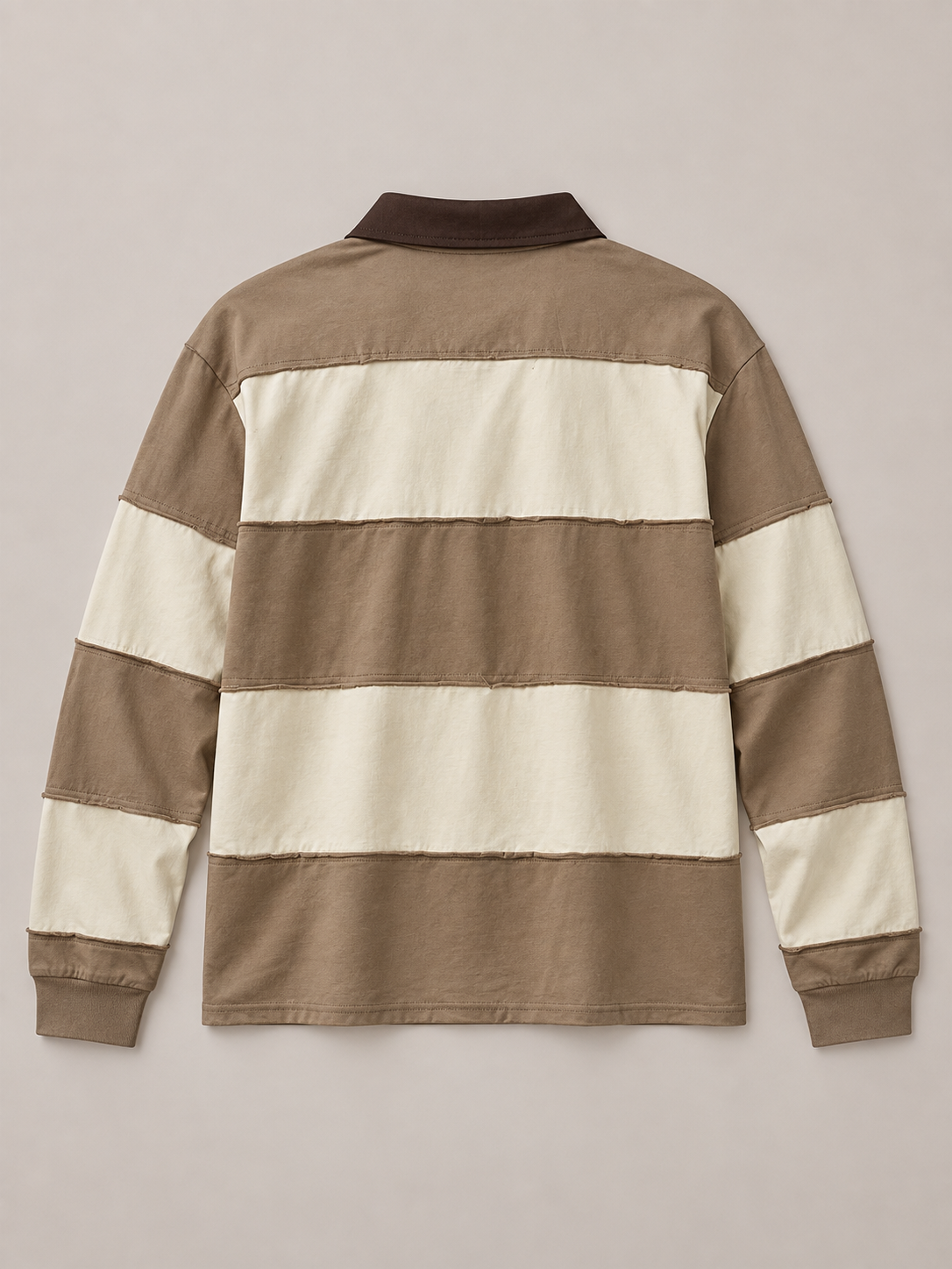 Taupe and cream paneled long-sleeve polo, flat lay back.