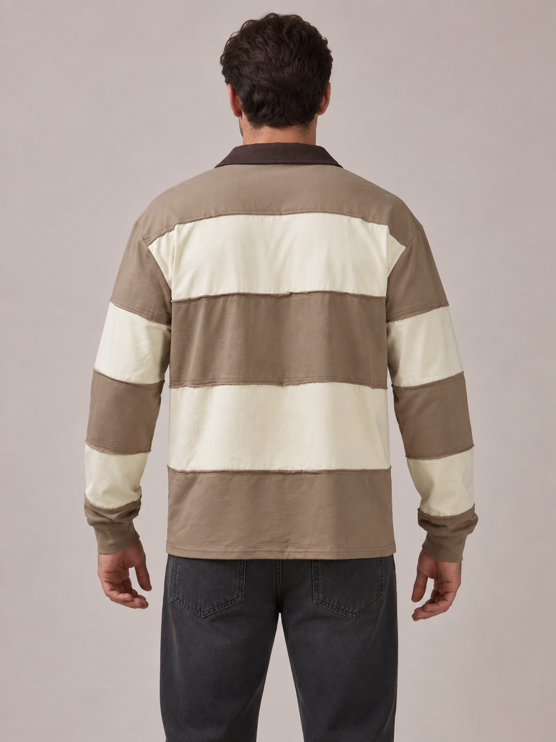 Taupe and cream paneled long-sleeve polo, back view on a model.