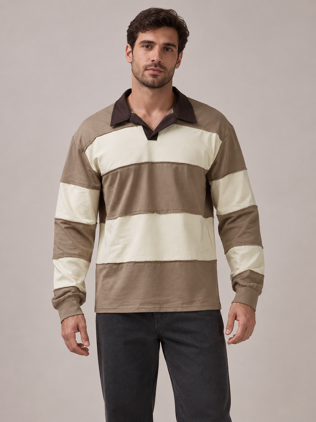 Taupe and cream paneled long-sleeve polo, model front.