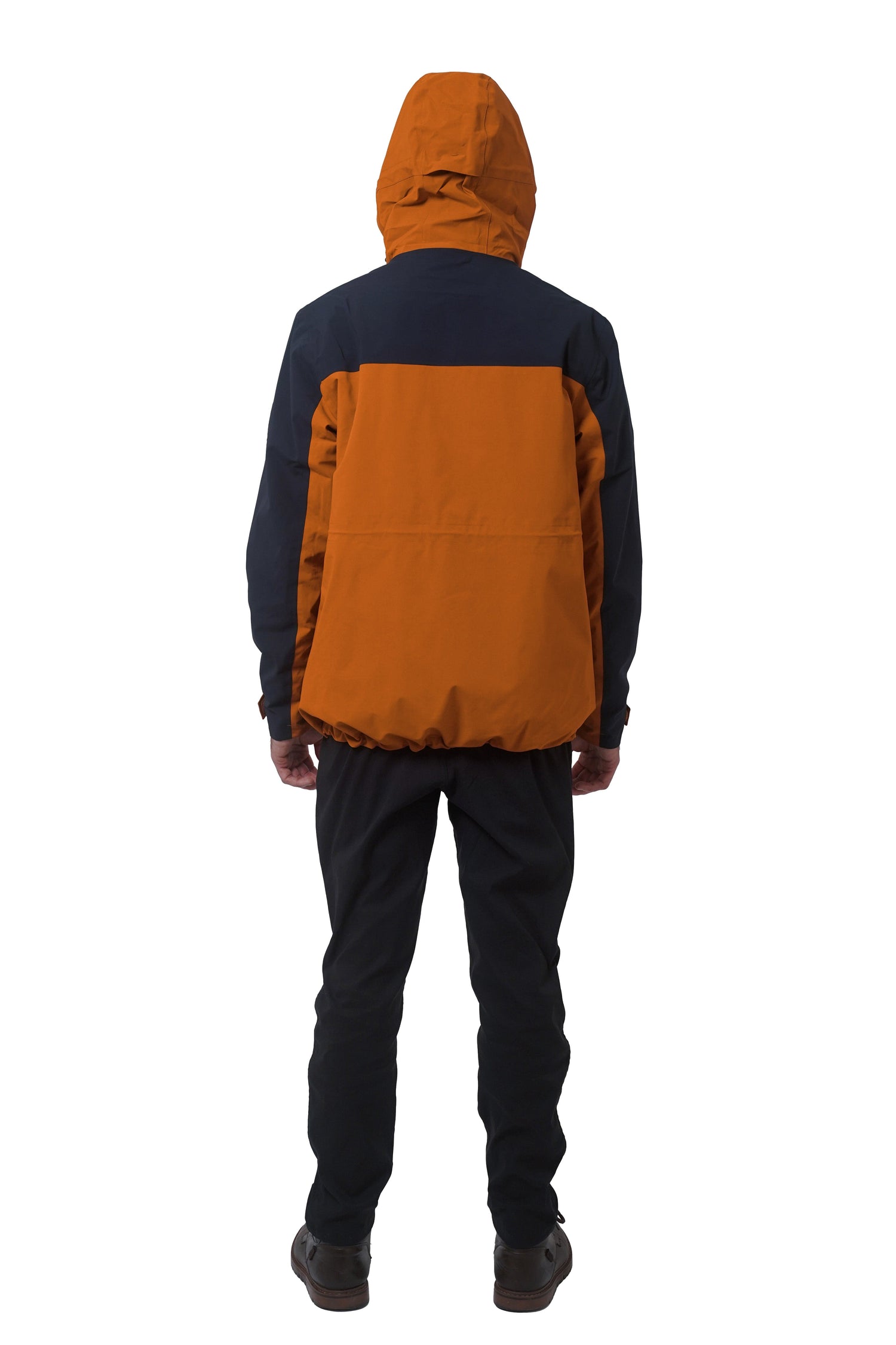 Back view of Northern Sun 3-in-1 Waterproof Winter Parka in burnt orange and black, showing hood and color block design.