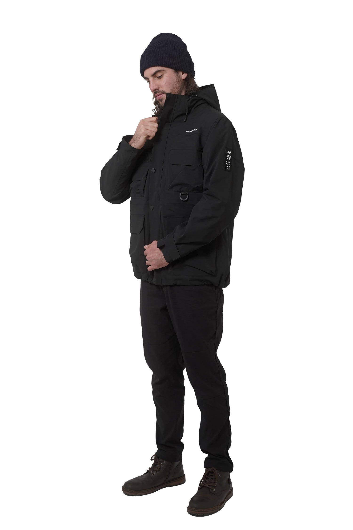Model zipping up black Northern Sun 3-in-1 Waterproof Winter Parka, emphasizing front closure and utility features.