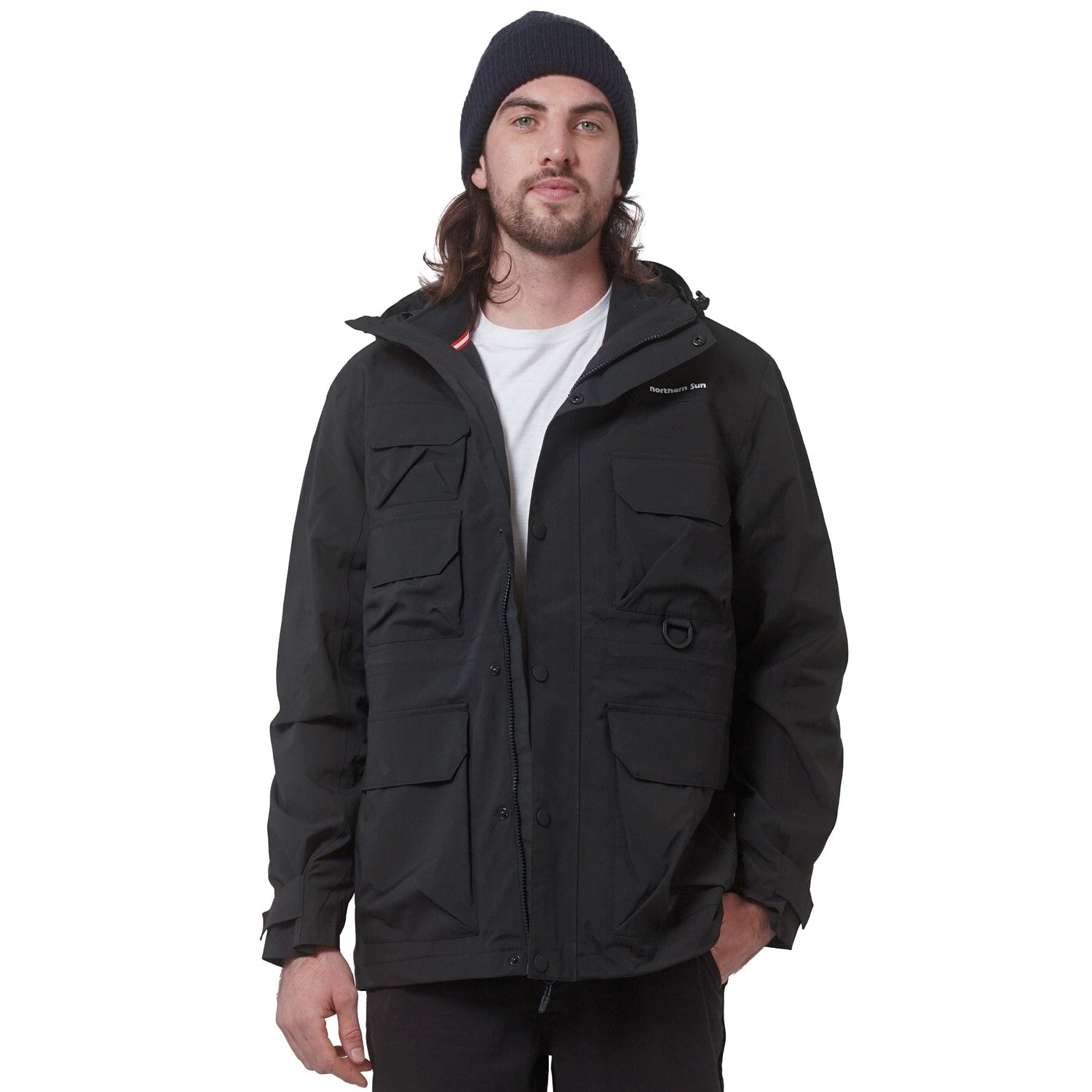 Model wearing Northern Sun 3-in-1 Waterproof Winter Parka in solid black, displaying front pockets and logo detail.