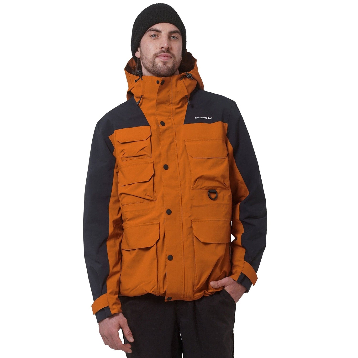 Model wearing Northern Sun 3-in-1 Waterproof Winter Parka in burnt orange and black, showcasing front fit and pocket design.