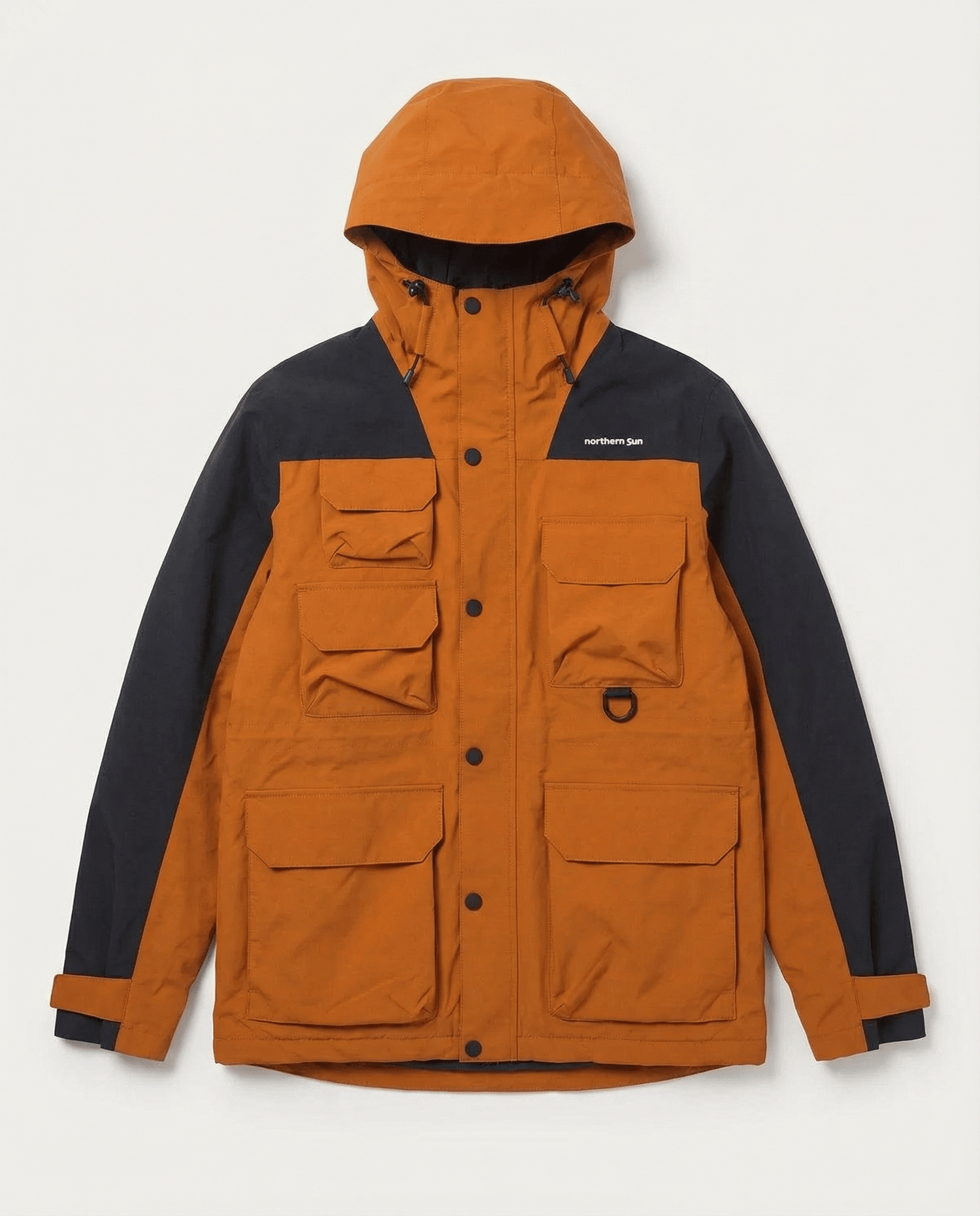 Northern Sun 3-in-1 Waterproof Winter Parka in burnt orange with black sleeves, featuring multiple utility pockets and a hood.