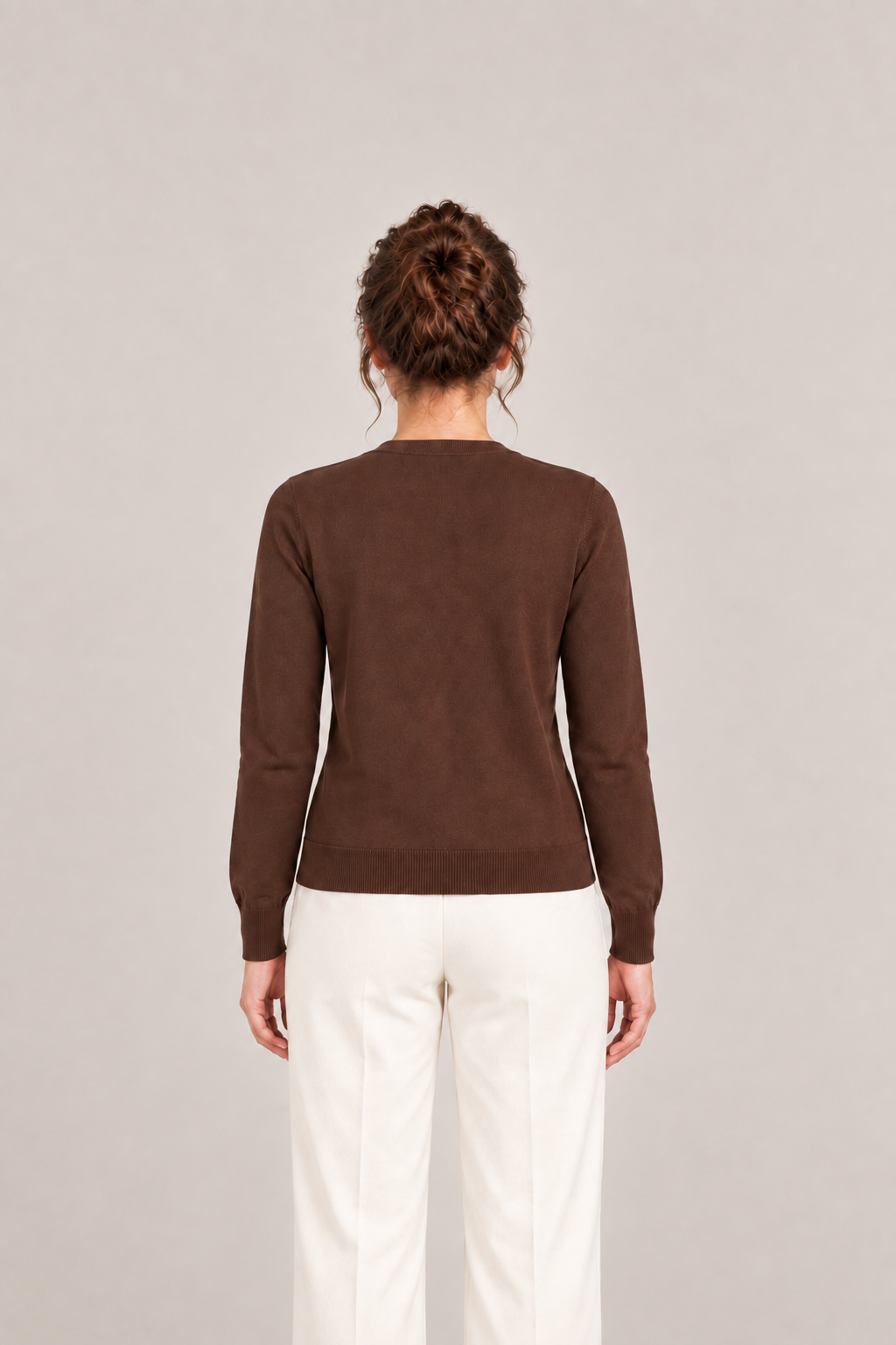 Chocolate Brown regular cotton V-neck cardigan on a model, back view.