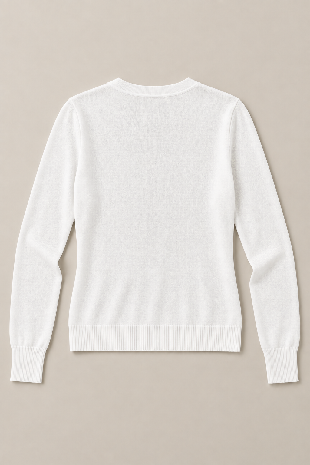 White regular cotton V-neck cardigan, flat lay back.