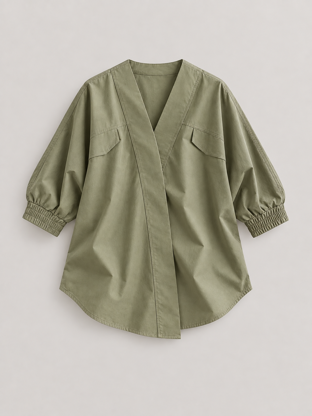 Olive Green wrap-effect batwing blouse, flat lay front.