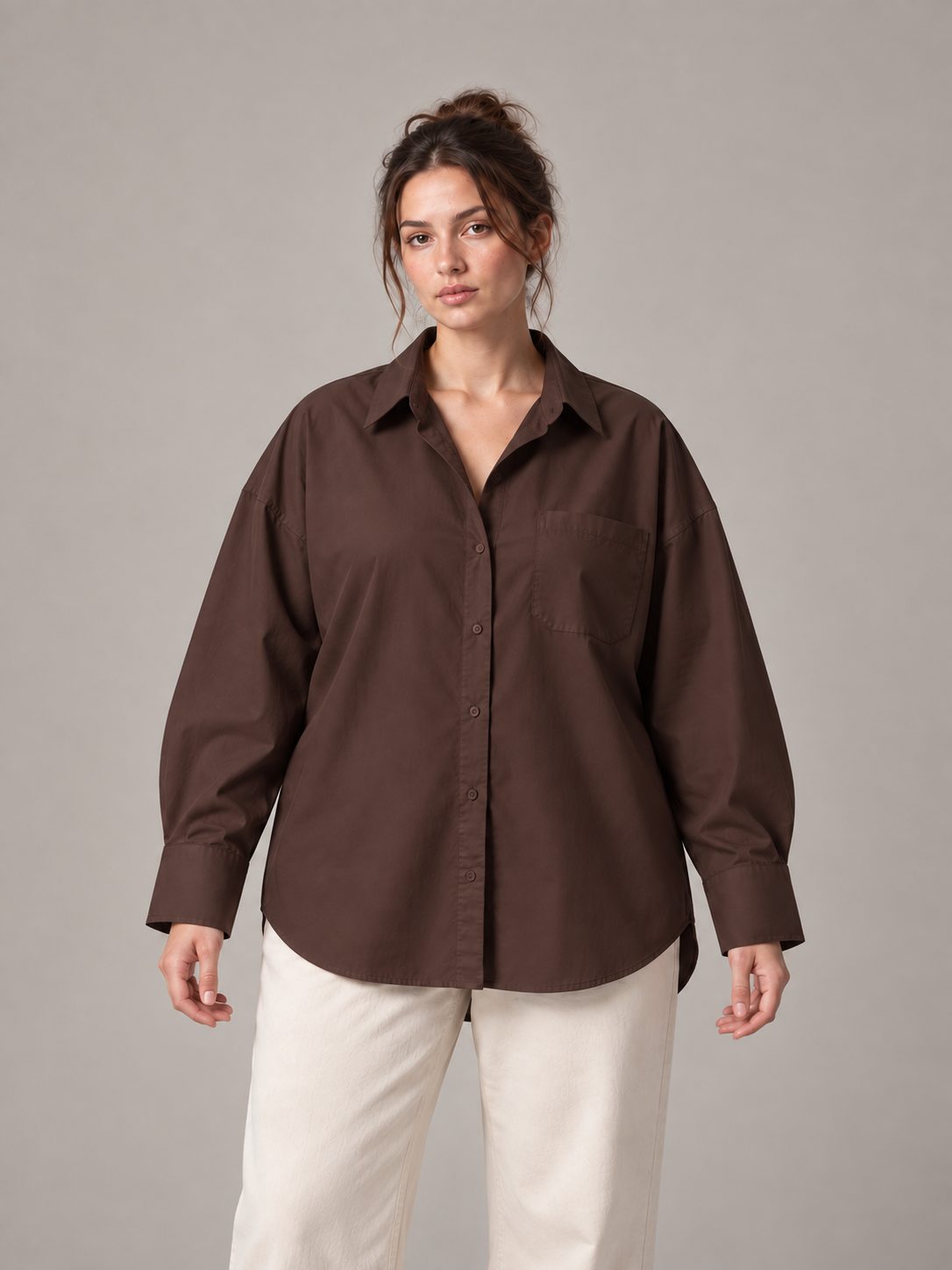 Chocolate brown Curve button-up shirt on an adult model, front view; Curve size range 0XL–4XL.