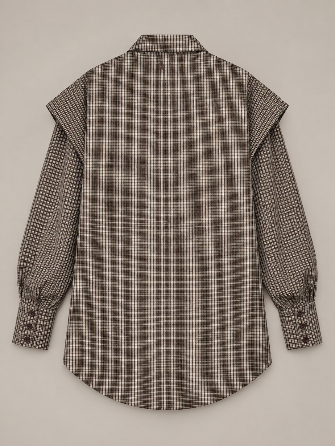 Coffee Brown plaid tie-neck shirt with folded shoulders, flat lay back.