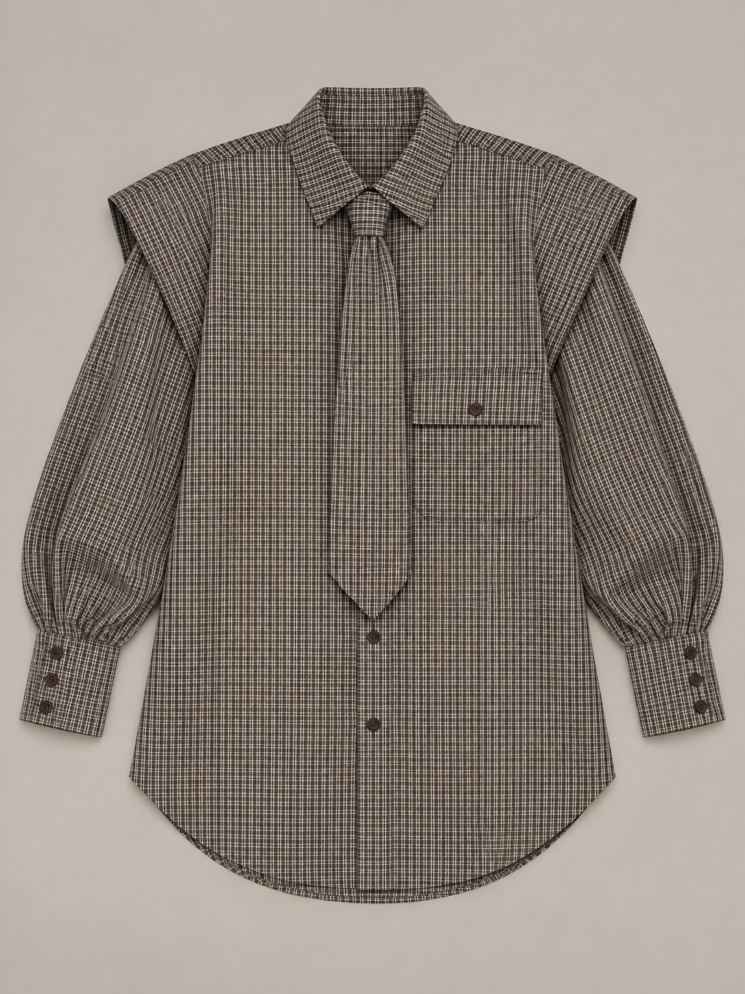 Coffee Brown plaid tie-neck shirt with folded shoulders, flat lay front.