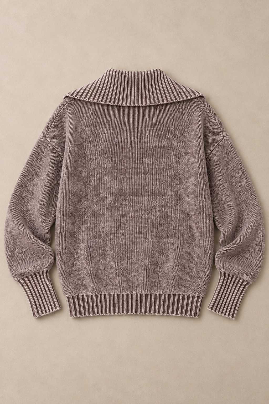 Brown washed cotton polo sweater, flat back showing ribbed collar and cuffs.
