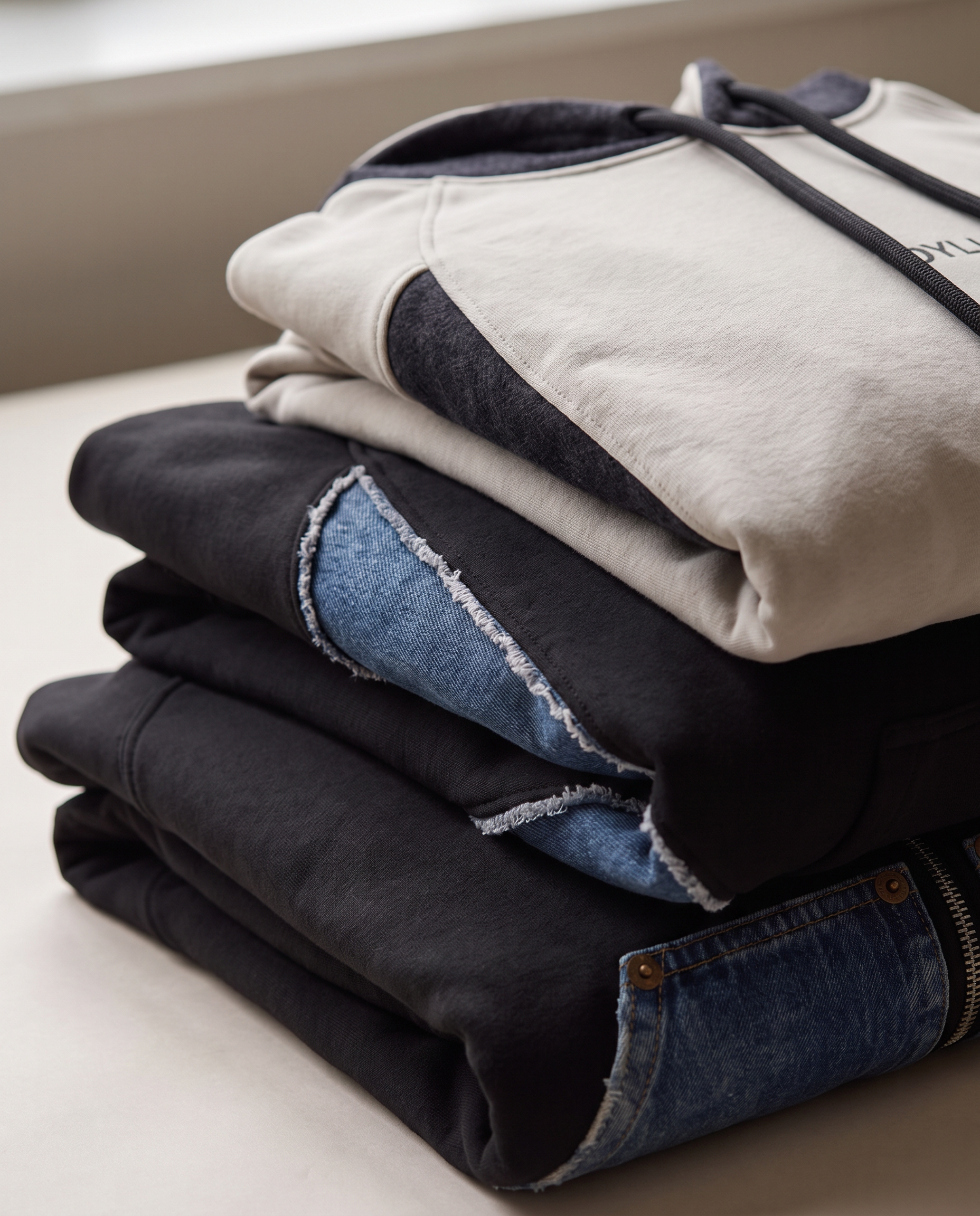Folded Hutton hoodies with denim panel and pocket details